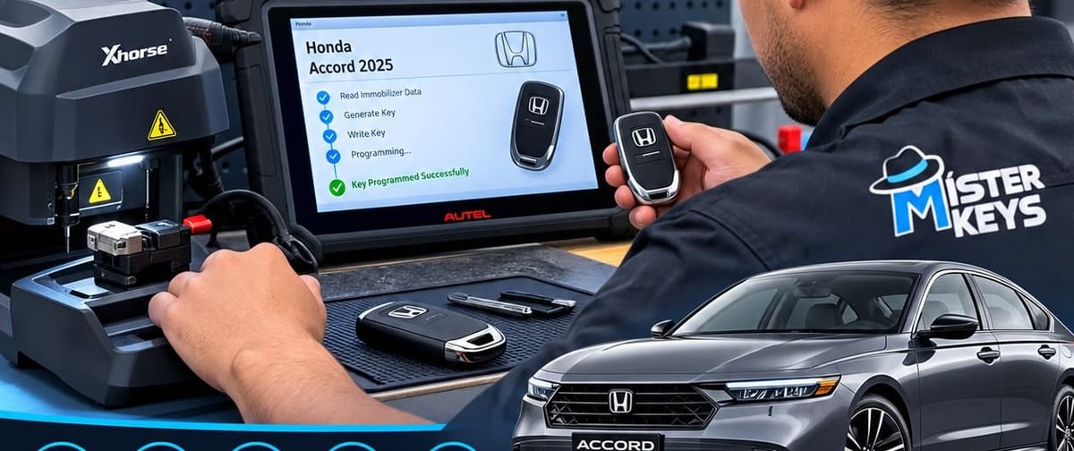 Technician programming a new key for a Honda Accord 2025 with a diagnostic tablet