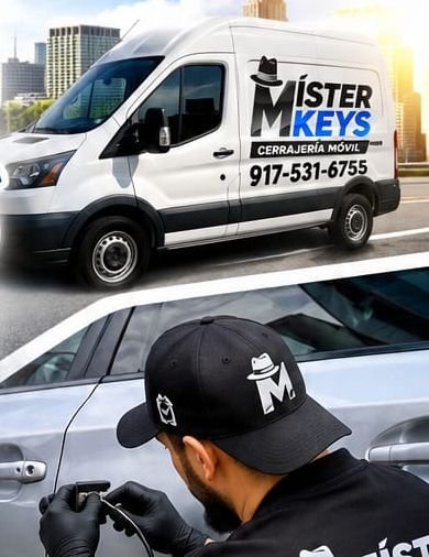 Míster Keys service van and technician opening a car door